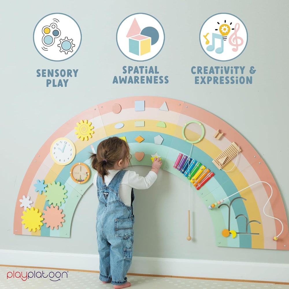 Eleven-activities layout on Play Platoon wall panel encouraging varied sensory play.