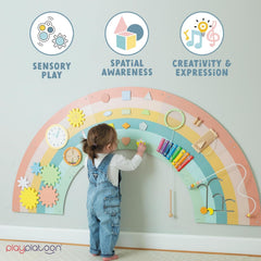 Eleven-activities layout on Play Platoon wall panel encouraging varied sensory play.