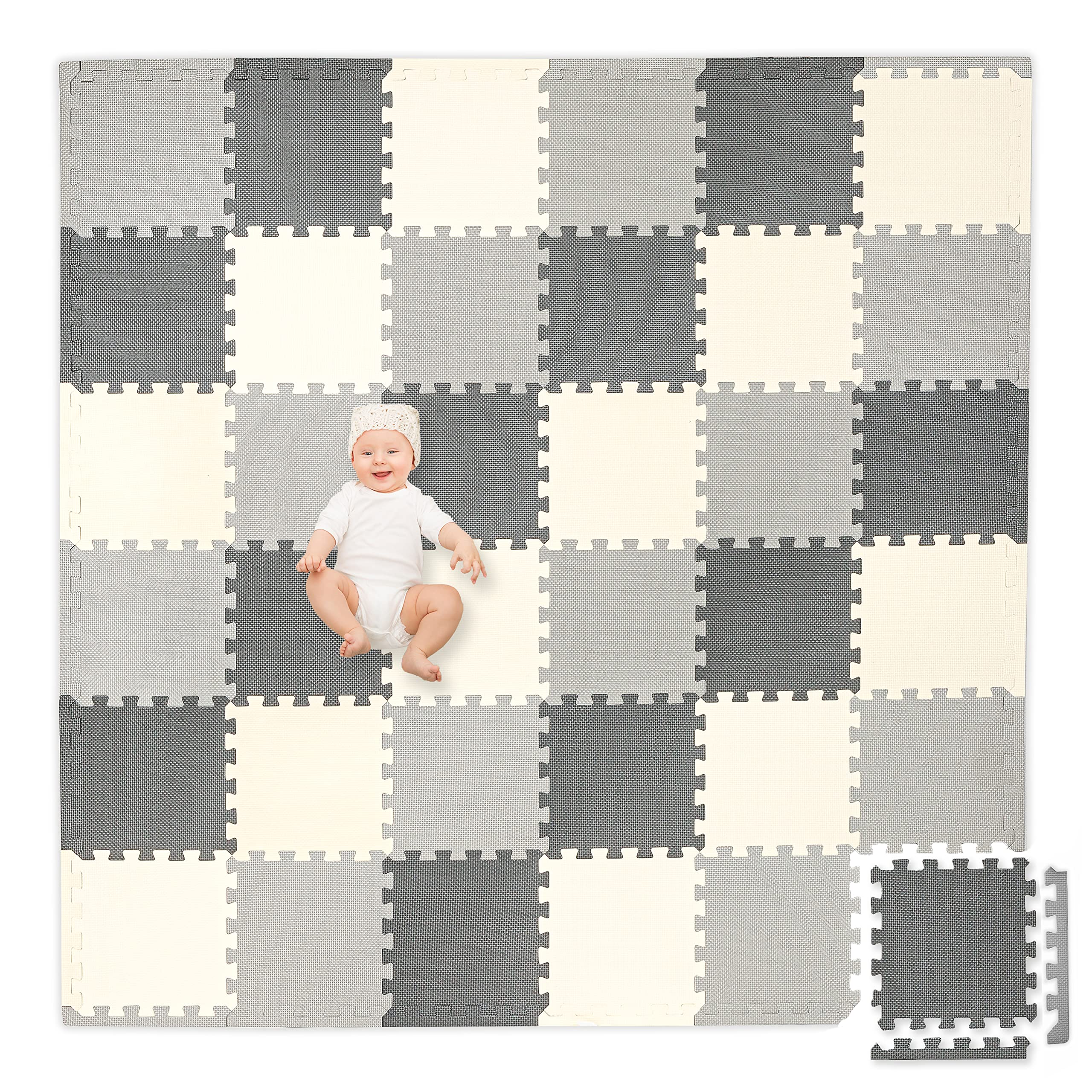 Play Platoon non-toxic foam puzzle floor mat tiles laid out for safe toddler play