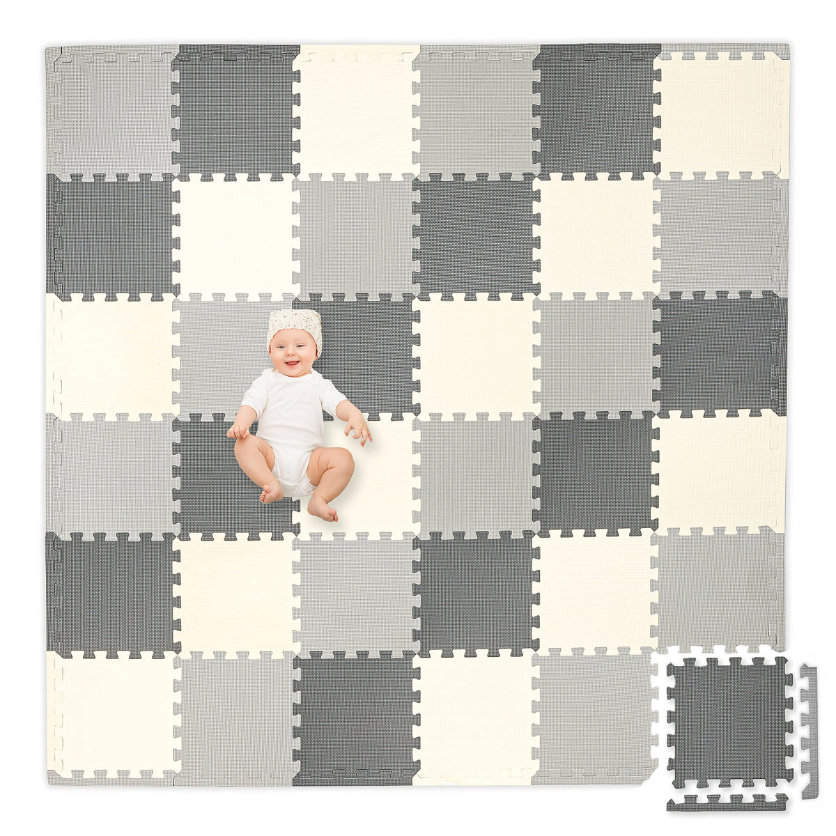 Play Platoon non-toxic foam puzzle floor mat tiles laid out for safe toddler play