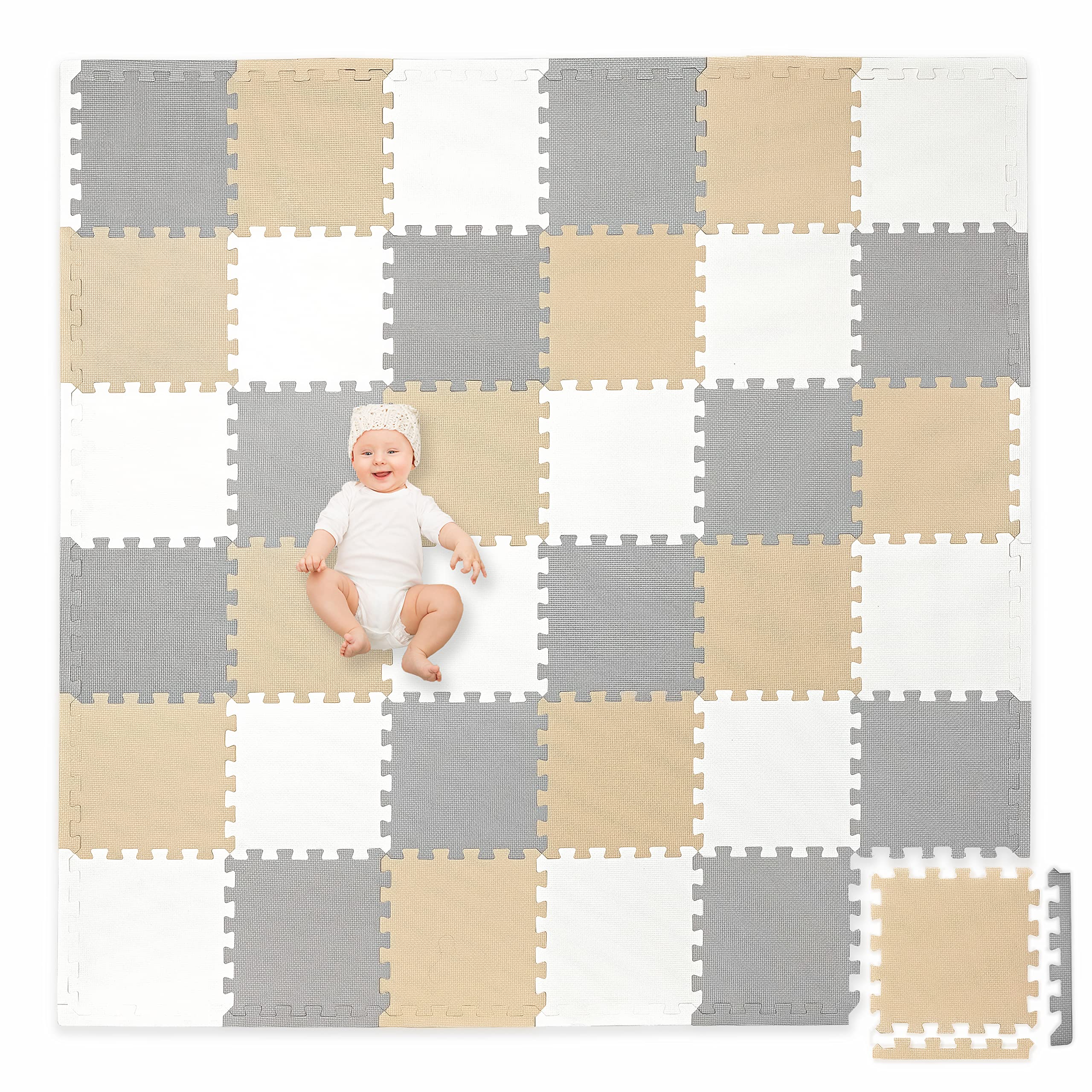Play Platoon foam puzzle floor mat tiles create a cushioned play surface.