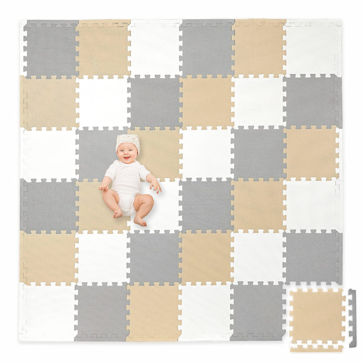 Play Platoon foam puzzle floor mat tiles create a cushioned play surface.