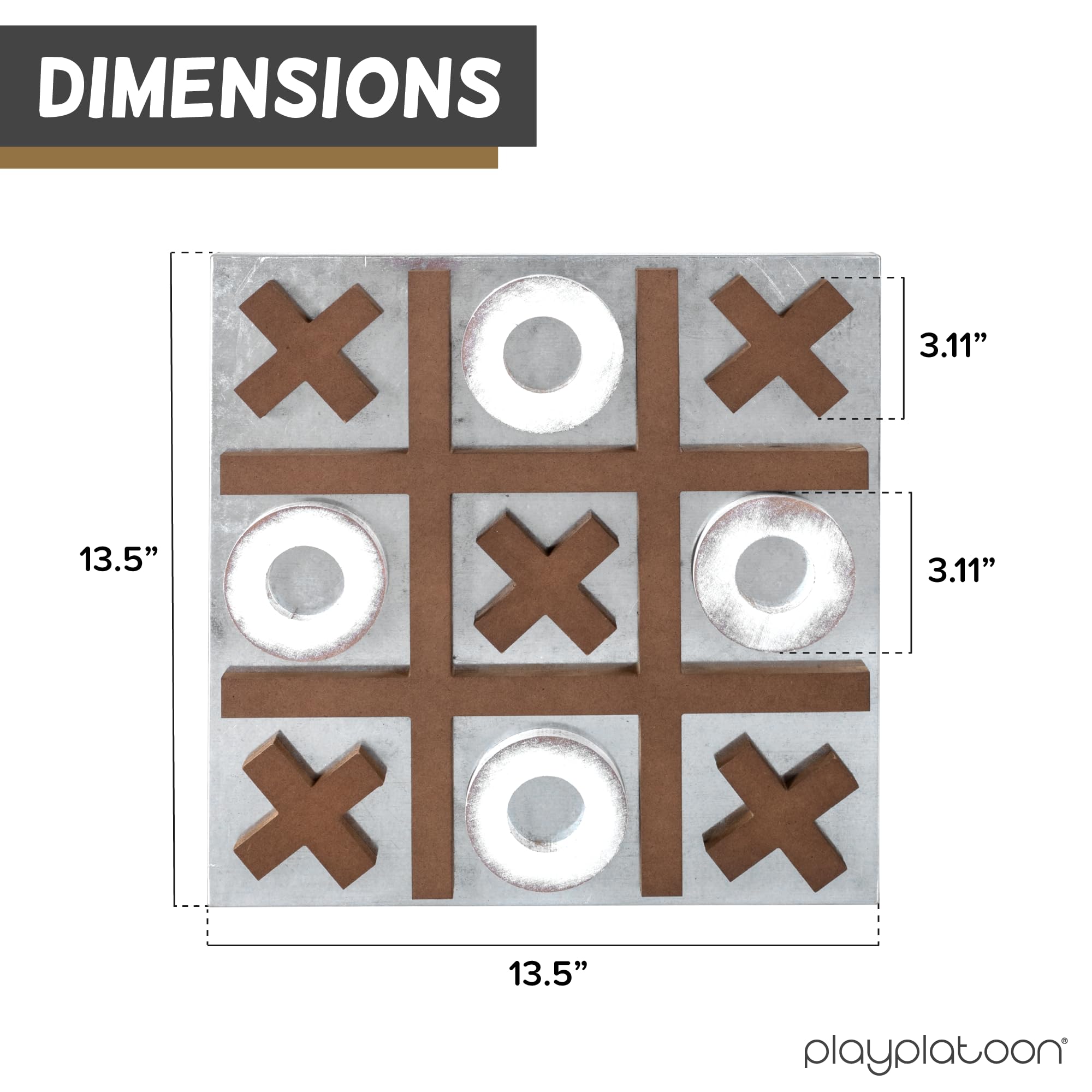 Play Platoon giant wooden tic tac toe board measures 13.5 inches for clear visibility.