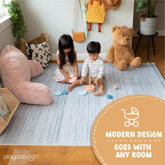 Play Platoon neutral Acadia print blends with modern playrooms.