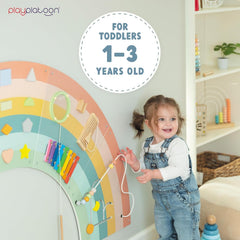 Neutral rainbow design on Play Platoon wall panel blends with play spaces.