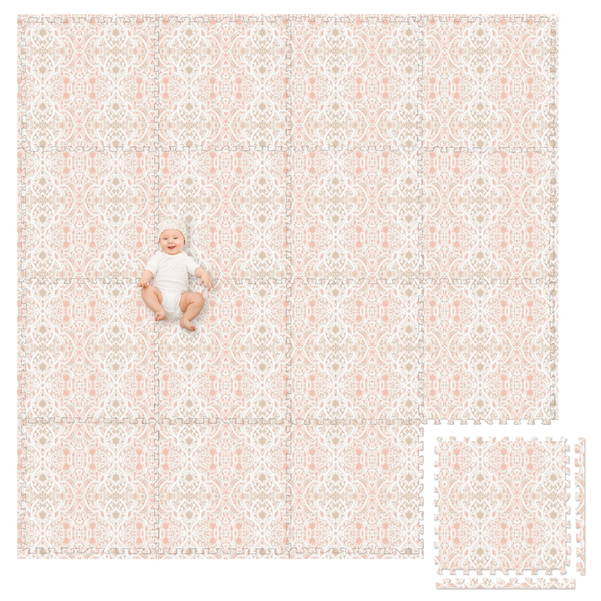 Play Platoon Petal tile with 5/8-inch cushioning for comfortable crawls