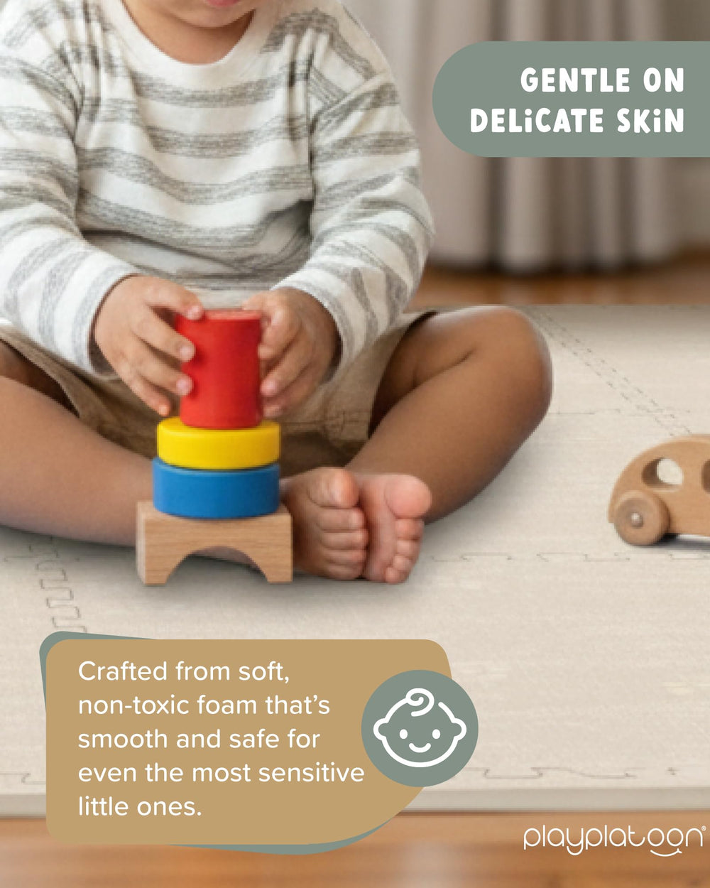 Play Platoon water-resistant foam mat easily wipes clean