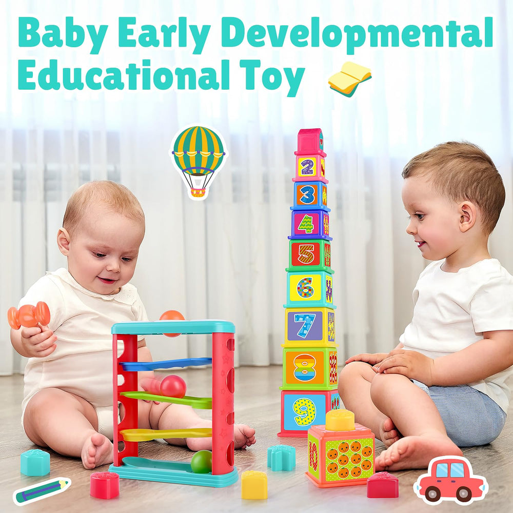 PLAY Pound a Ball toddler holding ball, showcasing hand-eye coordination use.