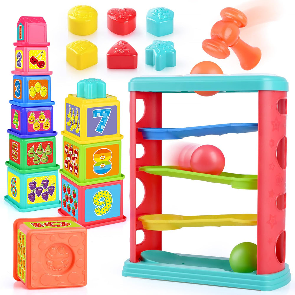 PLAY Pound a Ball tower top view, ideal for pounding play and fine motor practice.
