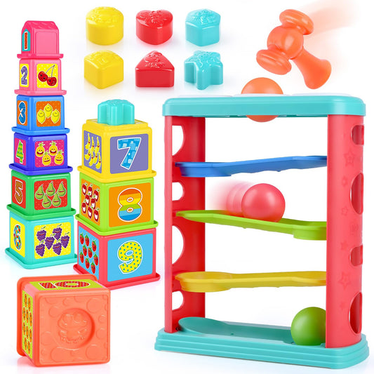 PLAY Pound a Ball tower top view, ideal for pounding play and fine motor practice.