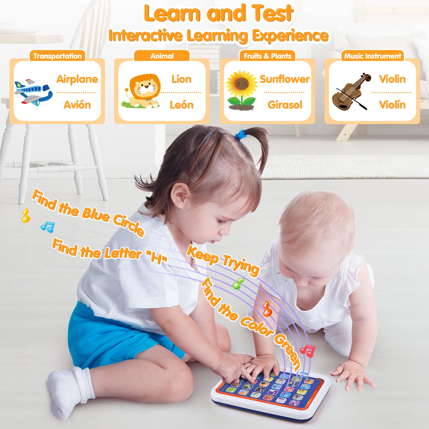 PLAY tablet English and Spanish quiz prompts quick recognition and memory.