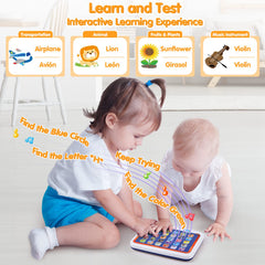 PLAY tablet English and Spanish quiz prompts quick recognition and memory.