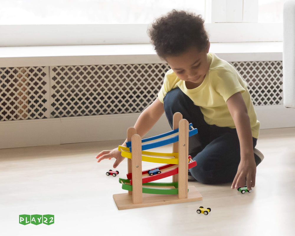 Play22 continuous-motion wooden race track enhances sensory play and imagination.