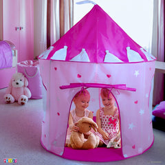 Play22 Princess Castle Pink folds into a compact carrying bag.
