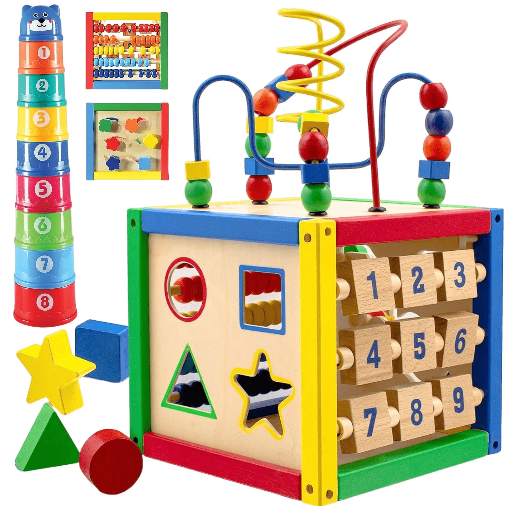 Play22 wooden activity cube with 6-in-1 design promotes early learning.