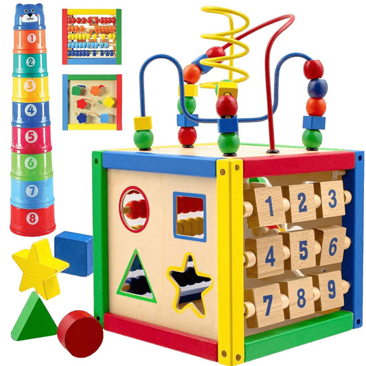 Play22 wooden activity cube with 6-in-1 design promotes early learning.