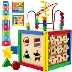 Play22 wooden activity cube with 6-in-1 design promotes early learning.