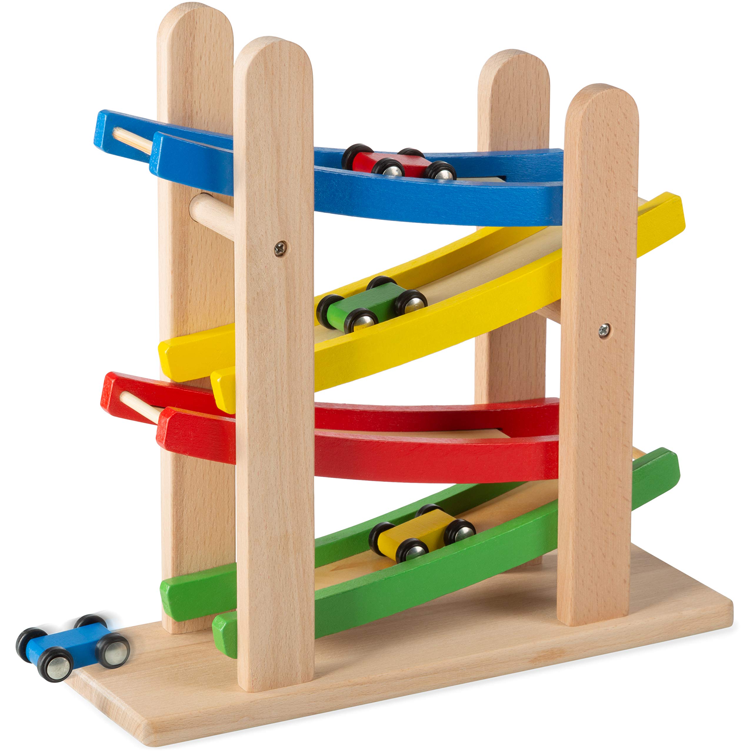 Play22 wooden car ramps four-level race track for toddlers, engaging hands-on play and coordination.