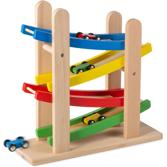 Play22 wooden car ramps four-level race track for toddlers, engaging hands-on play and coordination.