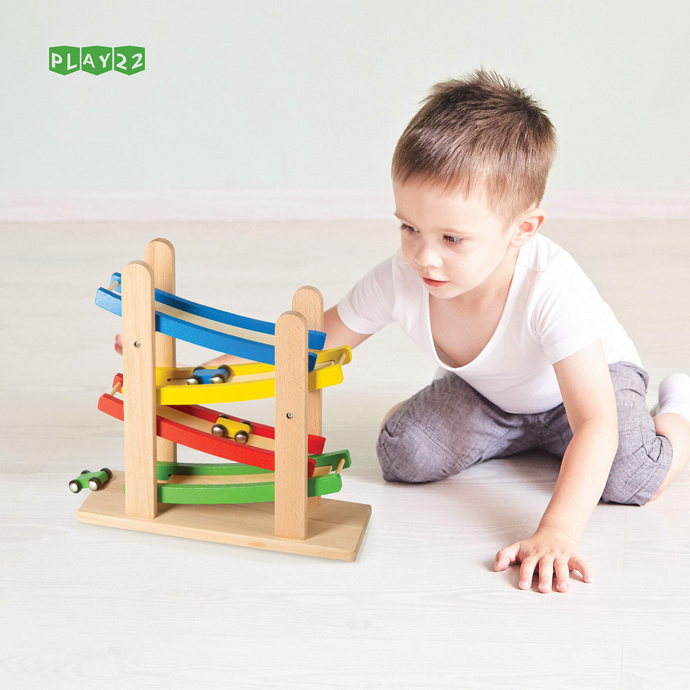 Play22 wooden cars included, four pieces, perfect for immediate racing fun.