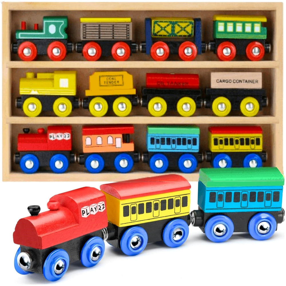 Play22 wooden train set engines with strong magnets for smooth connections during play