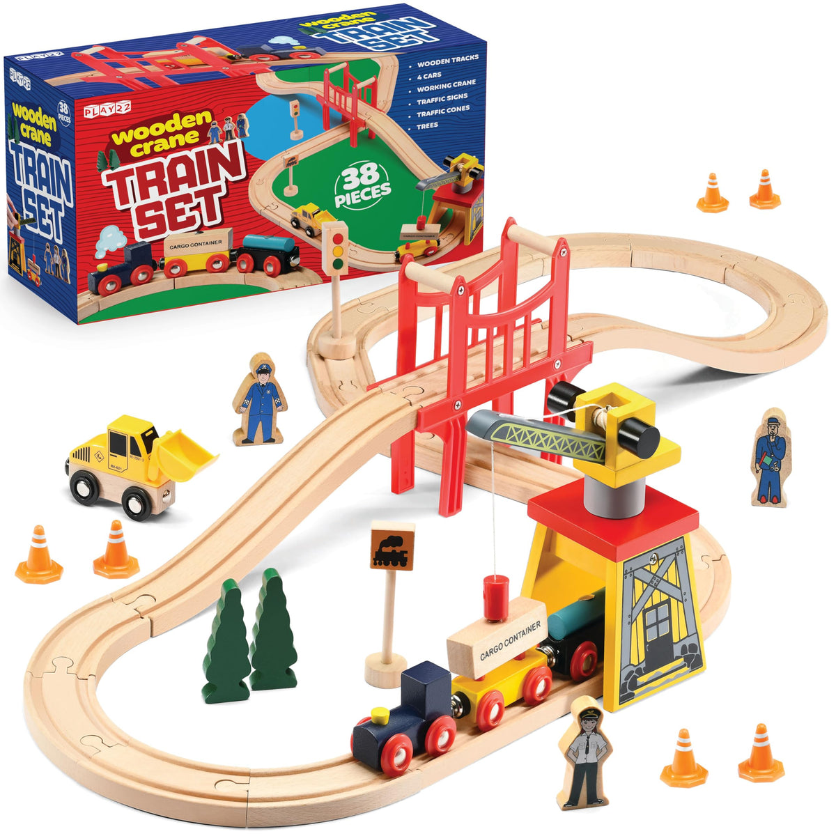 Play22 wooden train set tracks for imaginative play and coordination.