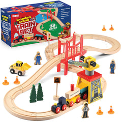 Play22 wooden train set tracks for imaginative play and coordination.