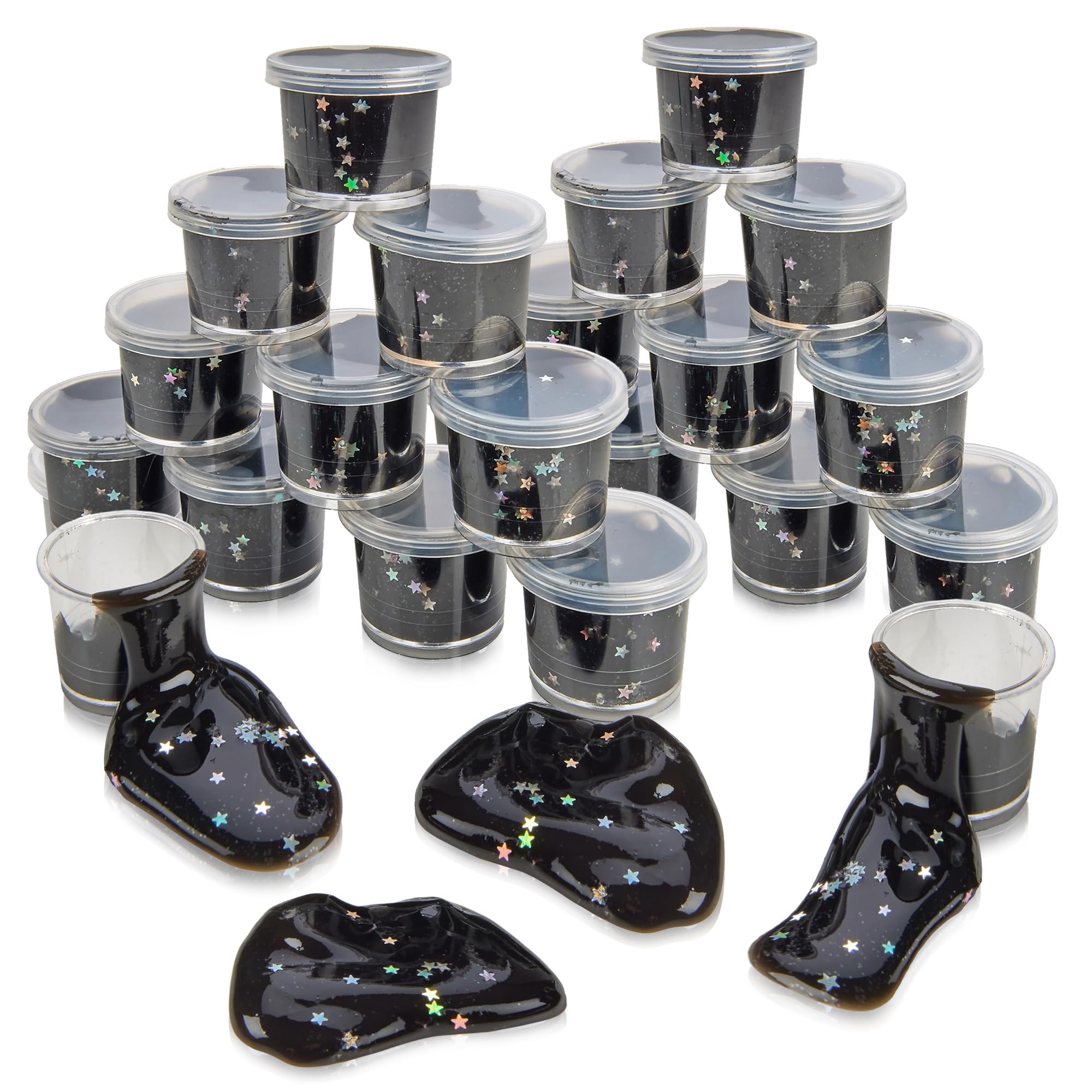 Playbees Black Nebula Slime 24-pack display for galaxy party favors and sensory play.