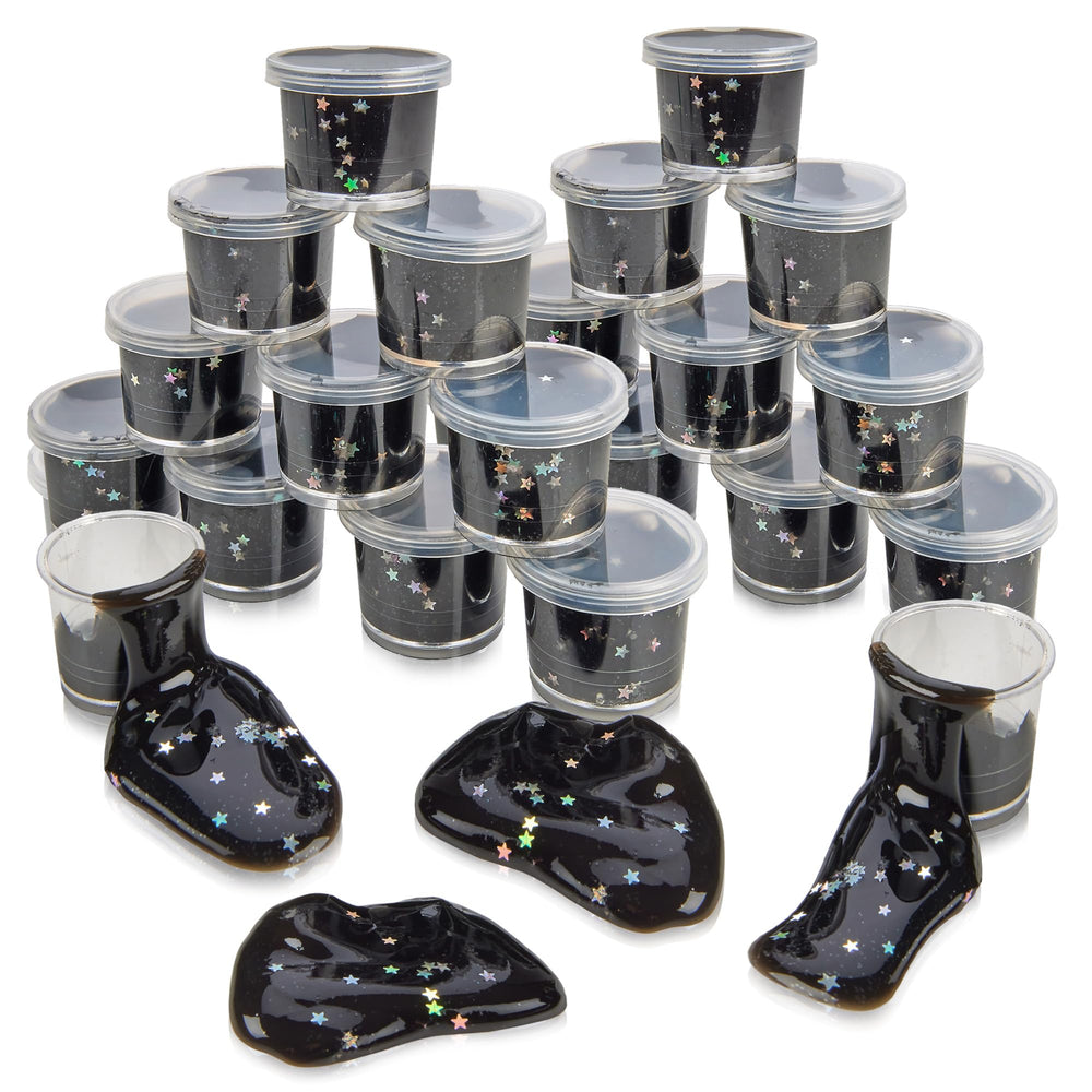 Playbees Black Nebula Slime 24-pack display for galaxy party favors and sensory play.