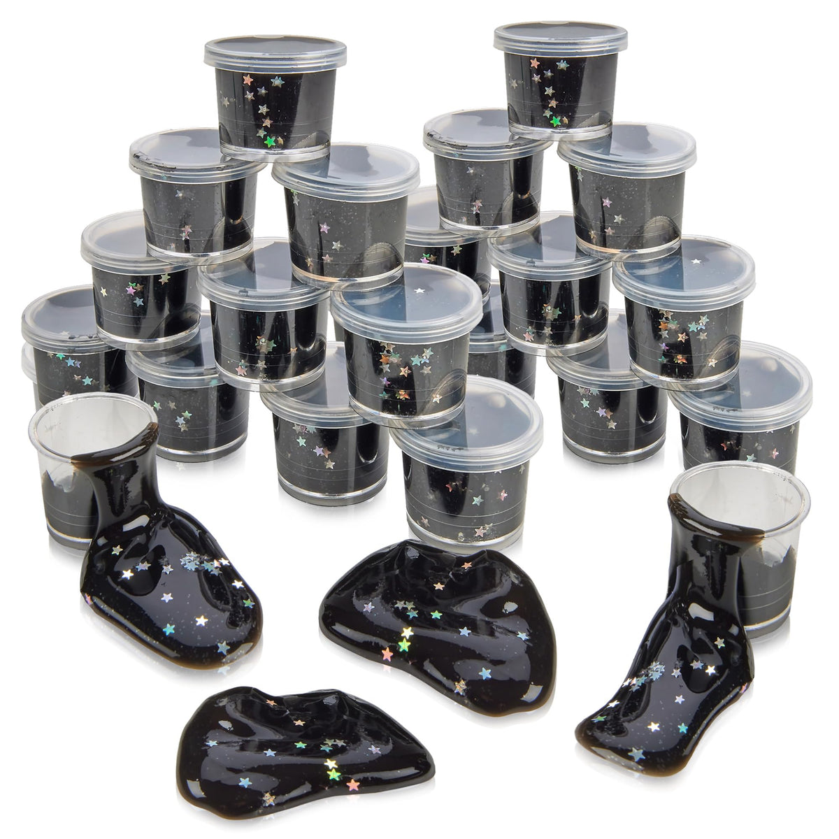 Playbees Black Nebula Slime 24-pack display for galaxy party favors and sensory play.