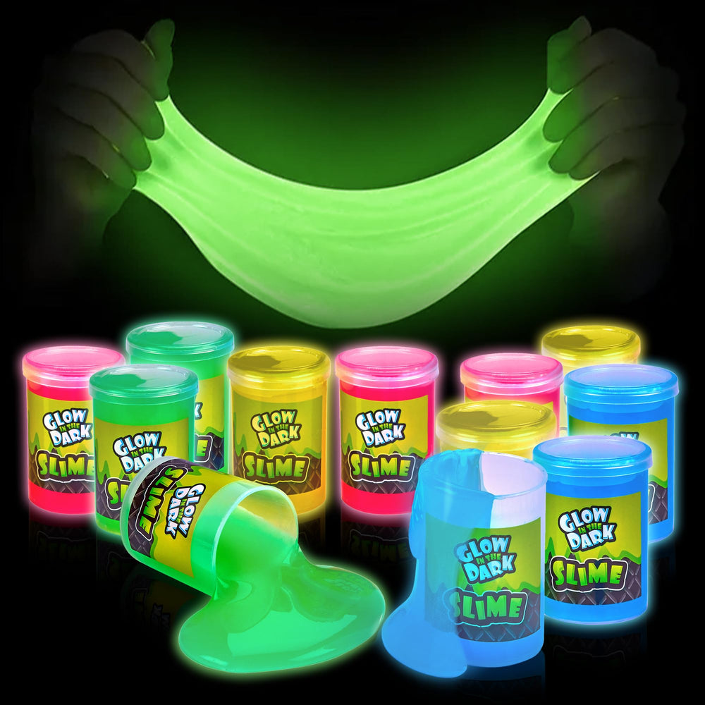 Playbees glow in the dark slime in a 4.5-inch barrel for glowing sensory play.
