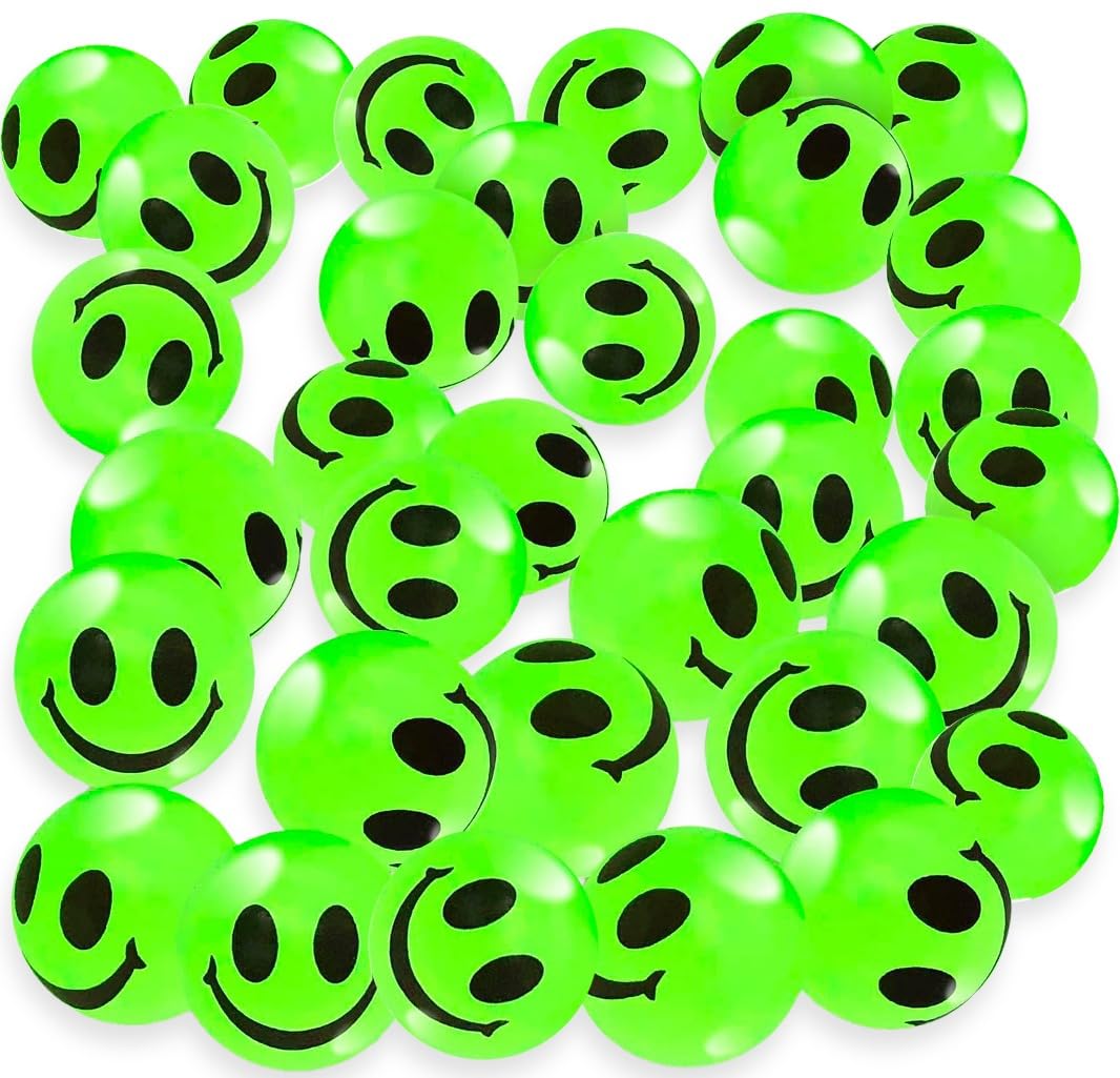 Playbees glow-in-the-dark smiley face bouncing ball, 1 inch, ideal for evening play.