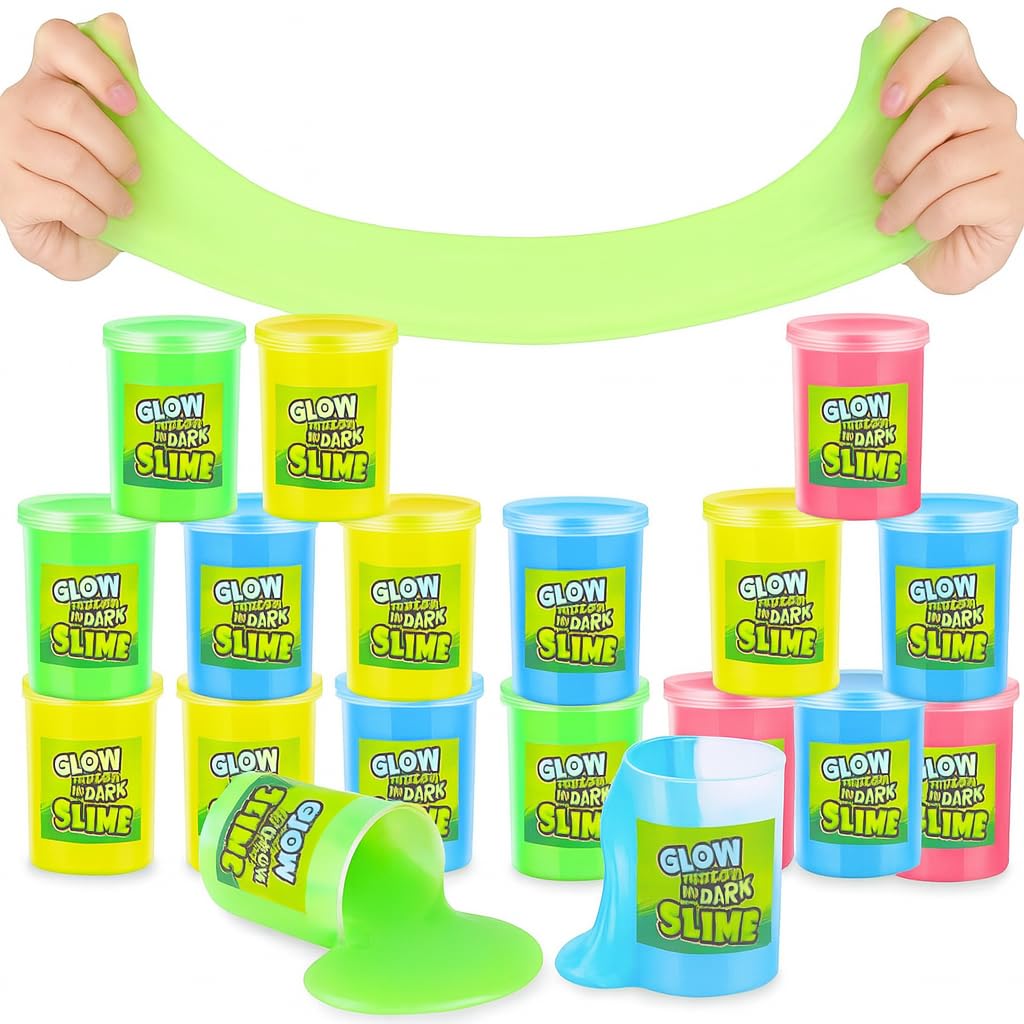 Playbees glow-in-the-dark slime pack barrels offer neon party favors and sensory fun.