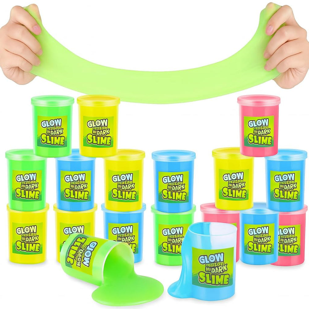 Playbees glow-in-the-dark slime pack barrels offer neon party favors and sensory fun.
