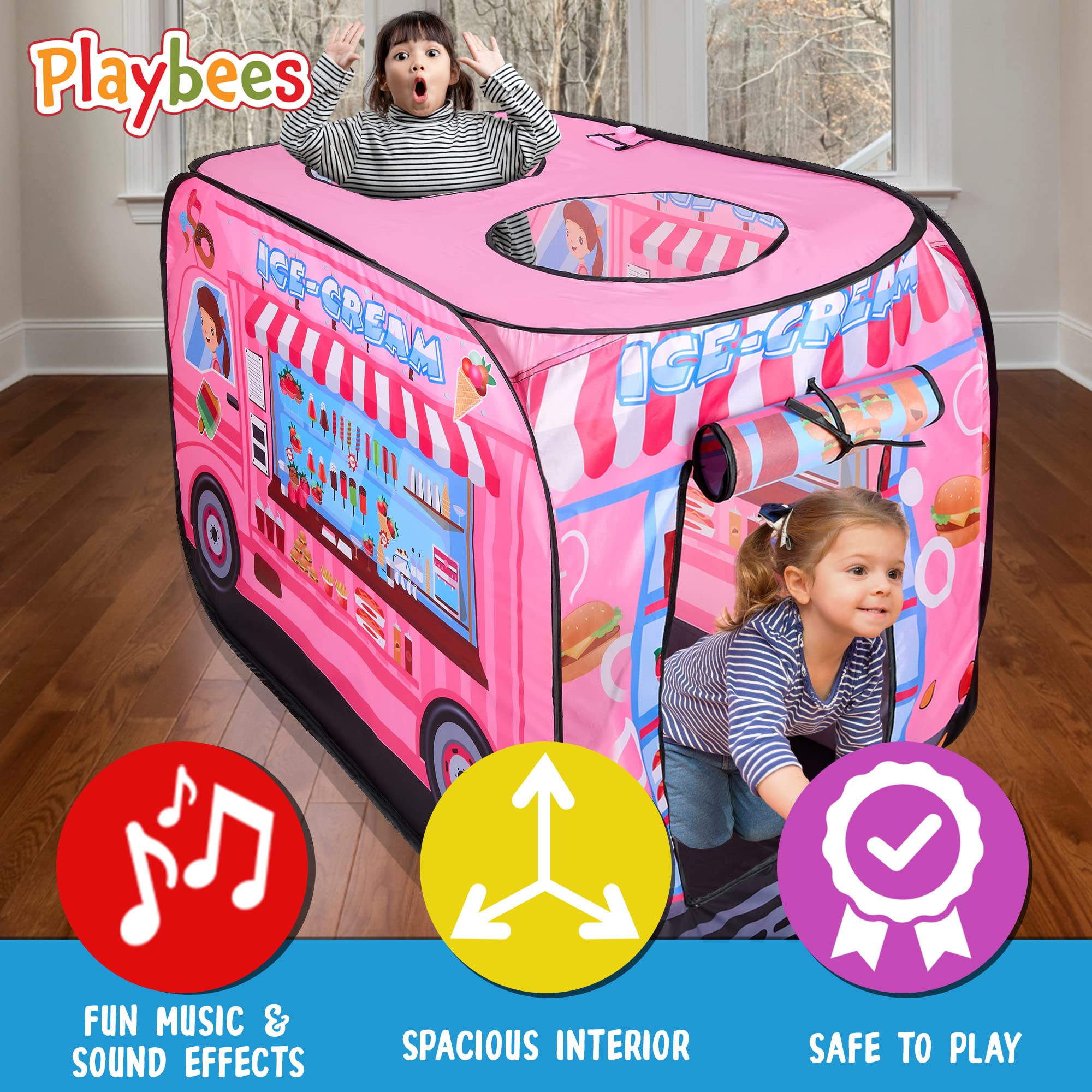 Playbees ice cream truck tent back flap detail eases entry and storage.
