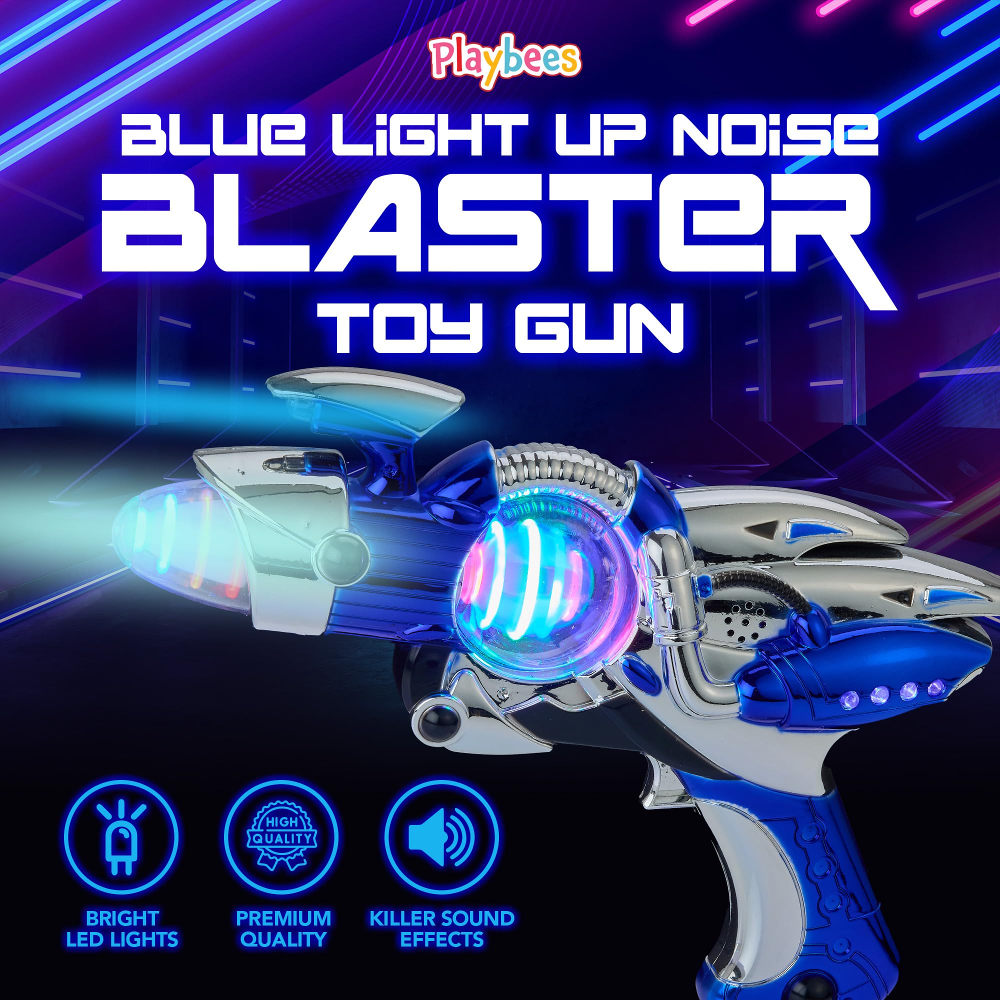 Playbees blue LED display highlights multicolor lights for immersive pretend missions.