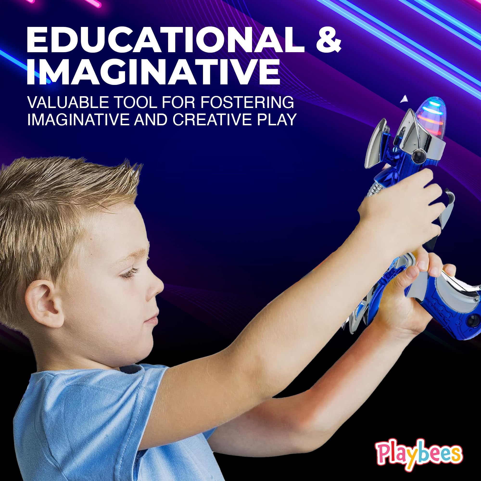 Playbees blue party-favor blaster adds festive sparkle to space-themed events.