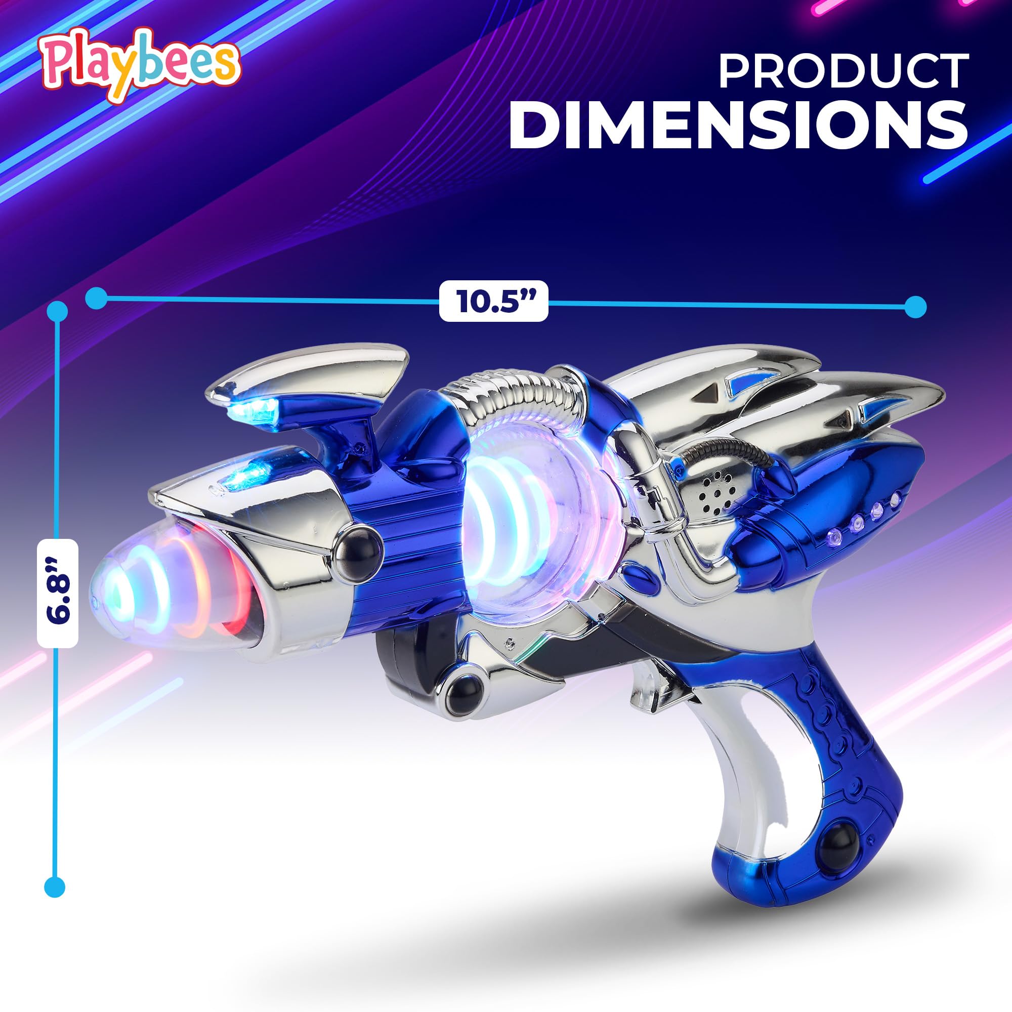 Playbees blue side-held blaster demonstrating portable, kid-friendly space play.