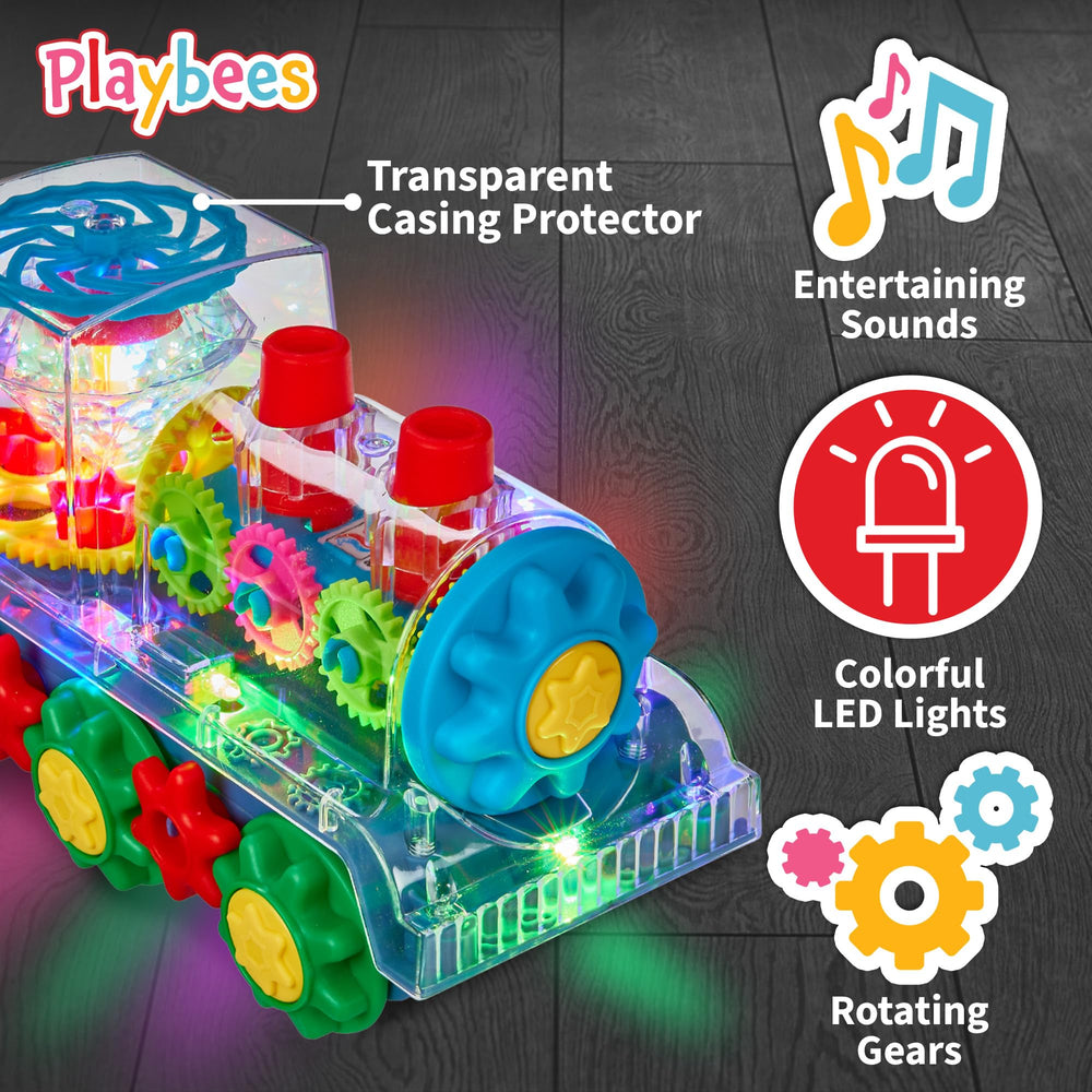 Playbees Light Up Train being explored by a child to encourage crawling and movement.
