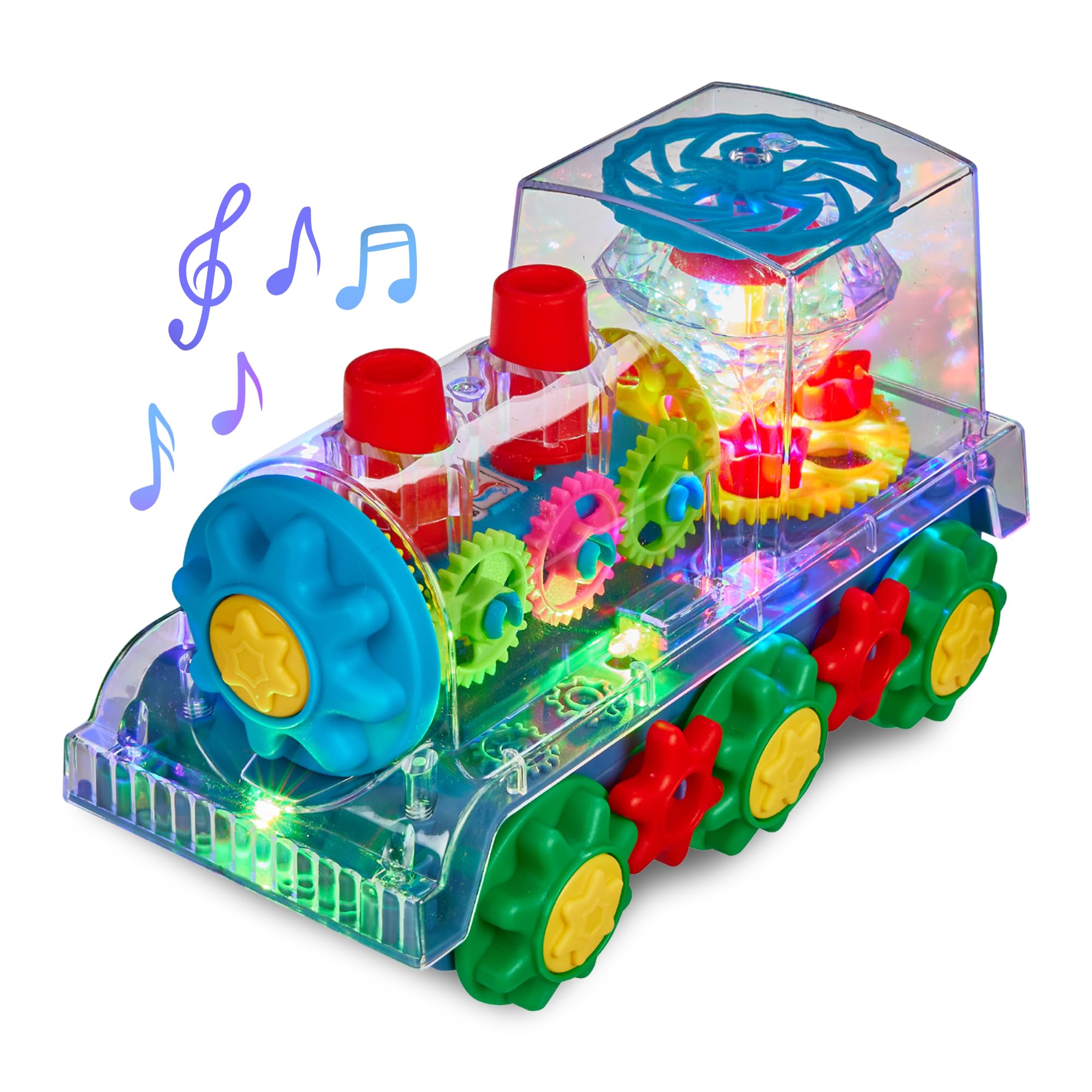 Playbees Light Up Train with transparent gears showing internal motion for curious minds.