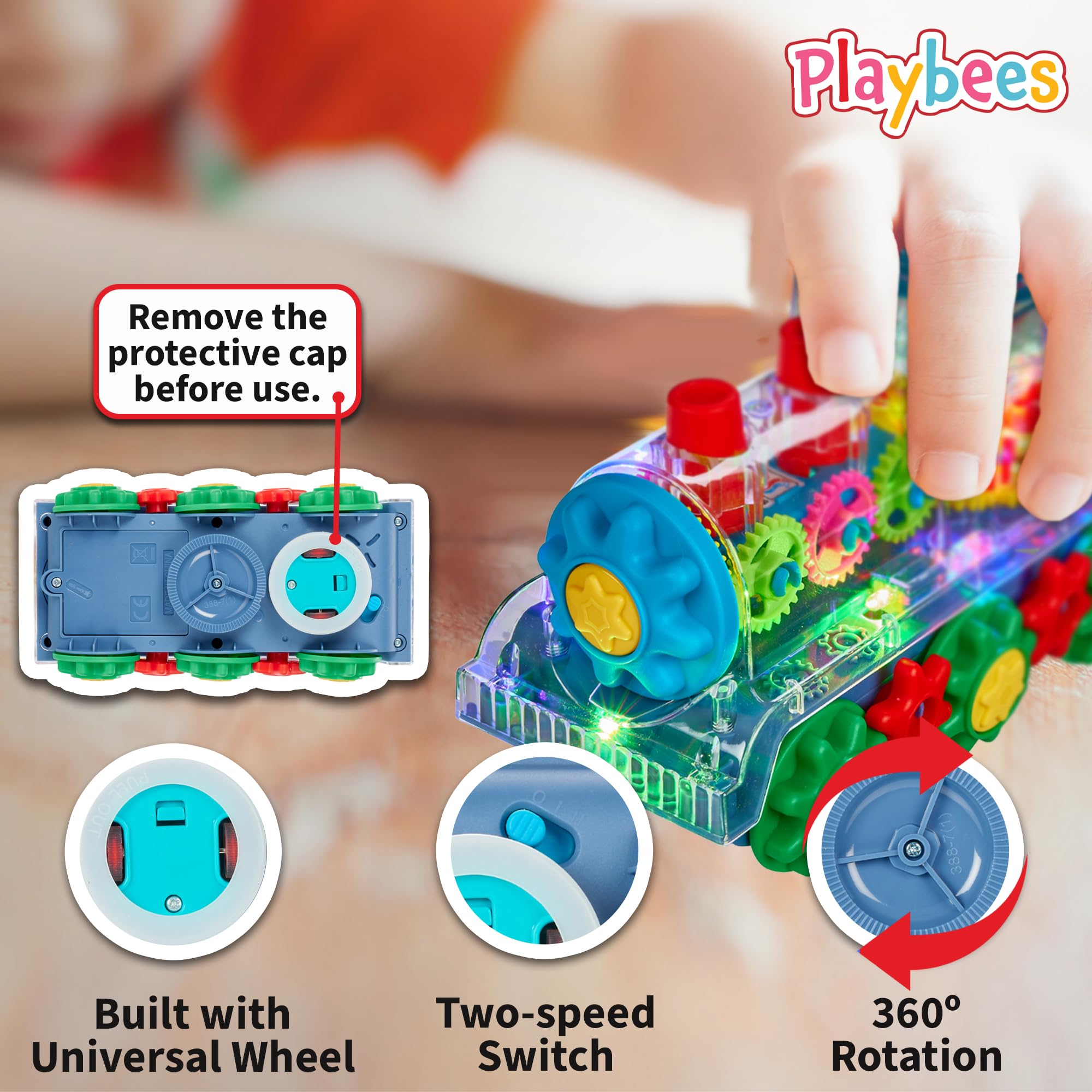 Playbees Light Up Train reveals viewable gears in action to spark curiosity.