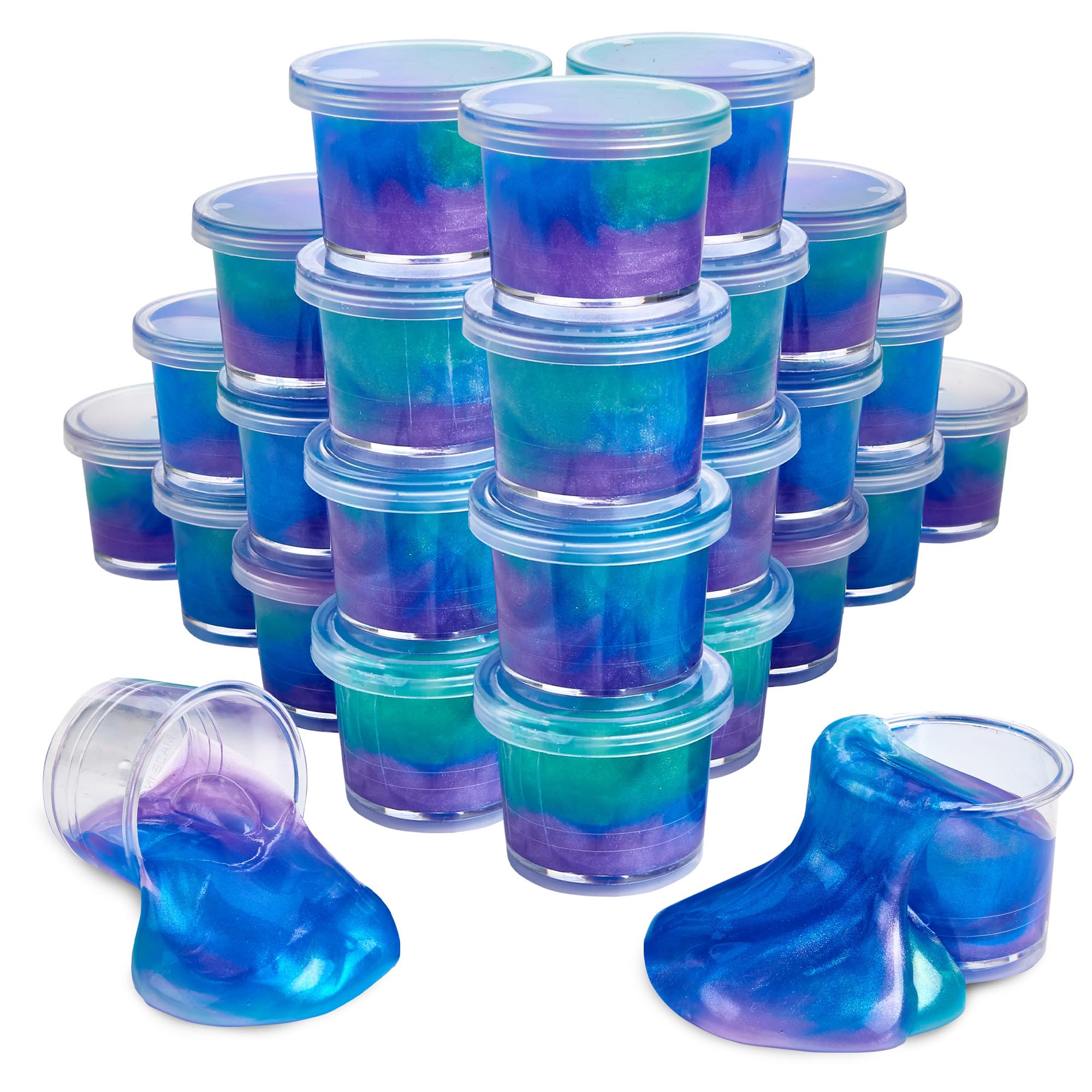 Playbees Mini Galaxy Slime cups with marbled colors for sensory play and sharing.