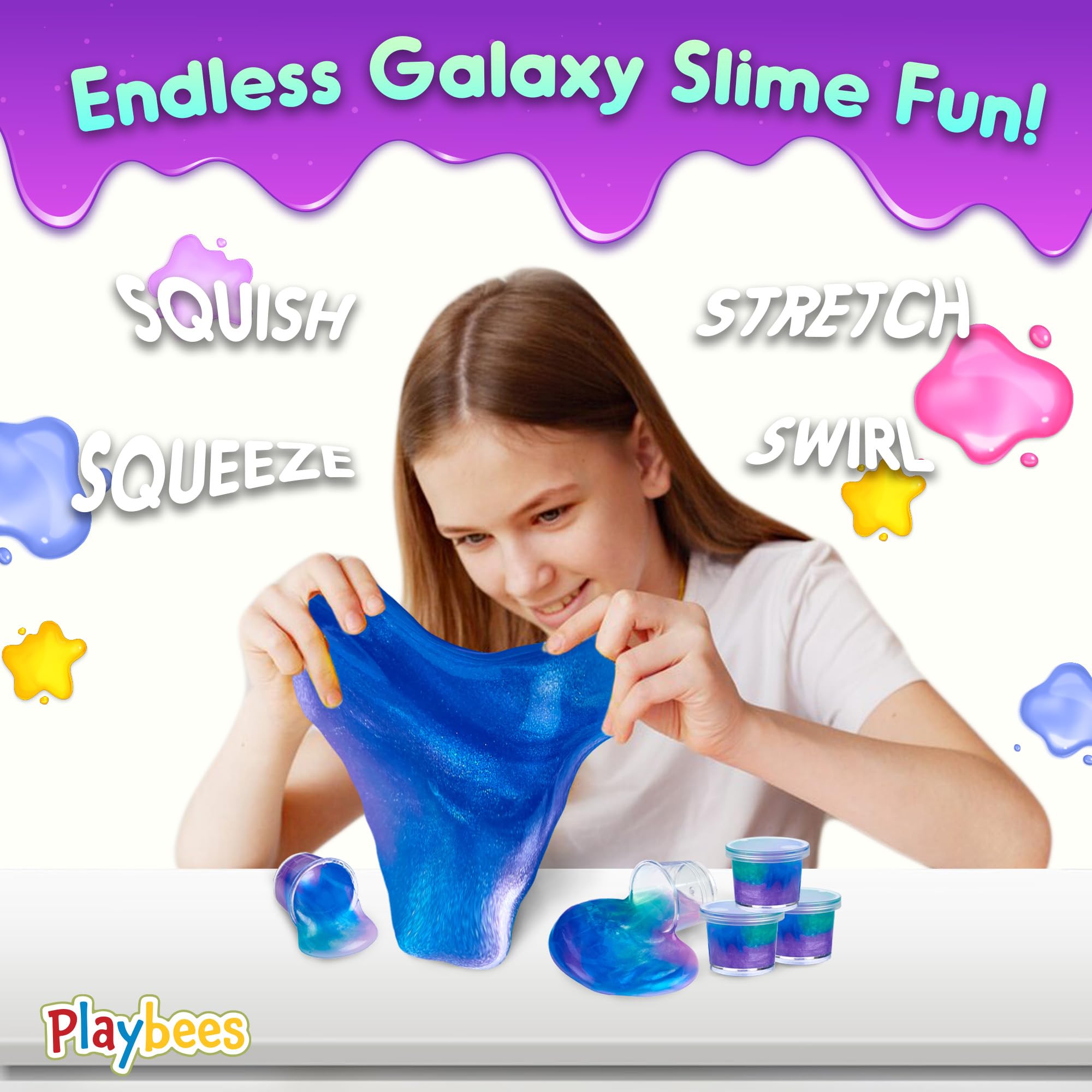 Playbees Mini Galaxy Slime swirls in starry hues for imaginative play.