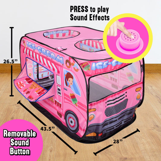 Playbees ice cream truck tent side view shows compact pop-up for indoor use.