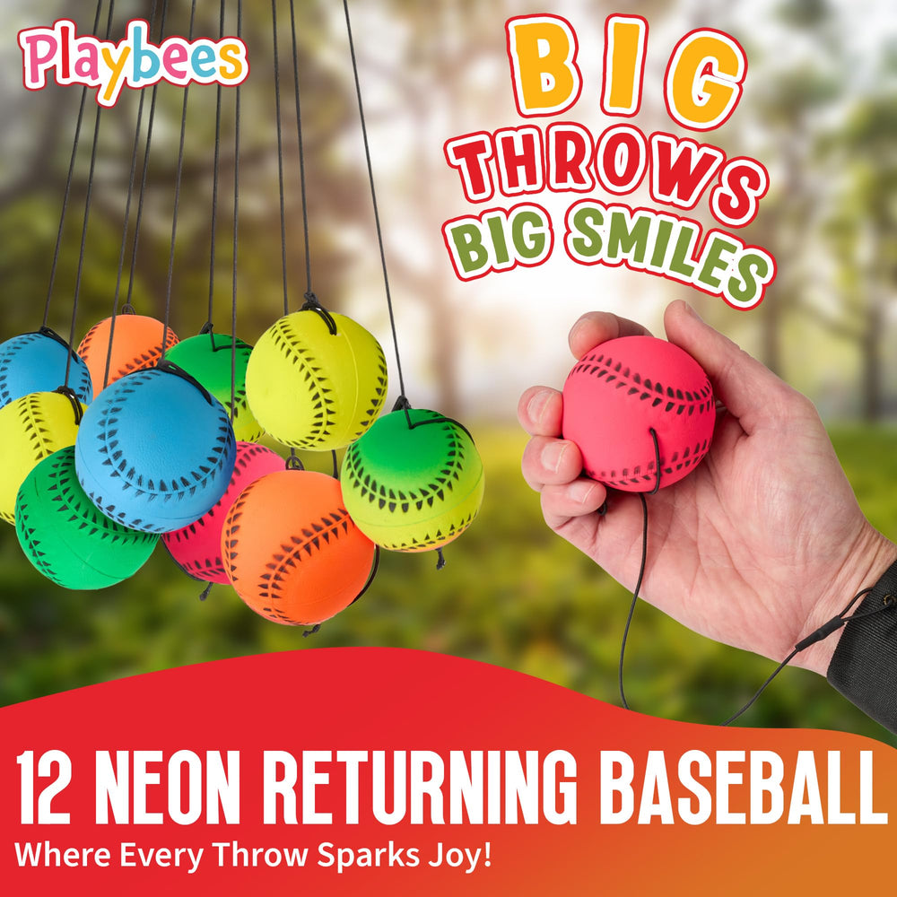 Bright neon balls on strings improve tracking and catching during outdoor play.
