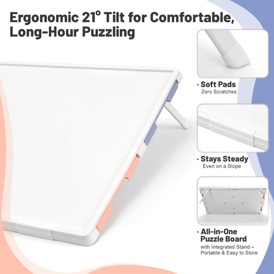 Playboda tilting puzzle board built-in stand showing ergonomic tilt for comfortable puzzling.