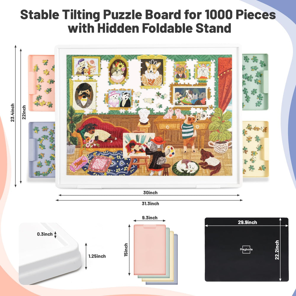 Playboda tilting puzzle board four-drawer storage to organize pieces.