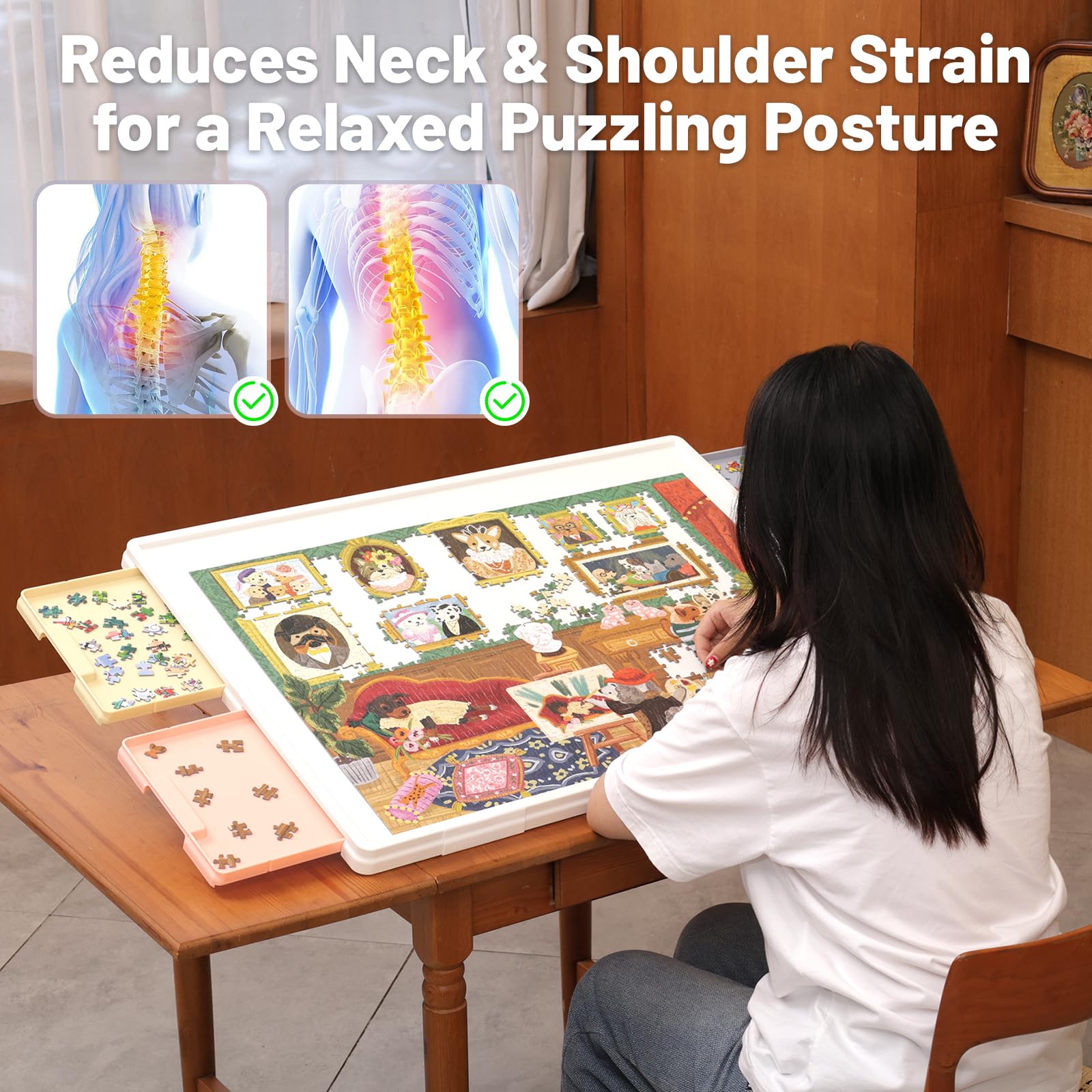 Playboda tilting puzzle board tilt angle in use for relaxed puzzling posture.
