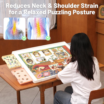Playboda tilting puzzle board tilt angle in use for relaxed puzzling posture.