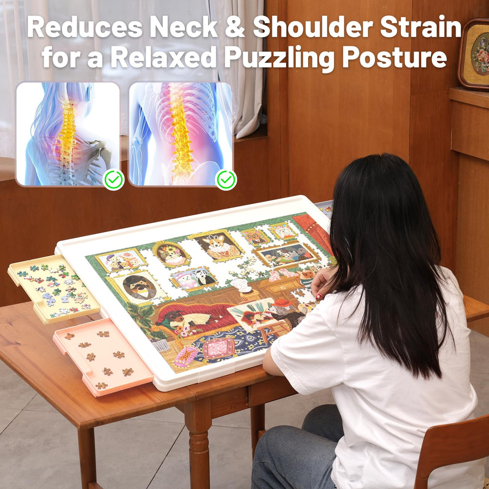 Playboda tilting puzzle board tilt angle in use for relaxed puzzling posture.